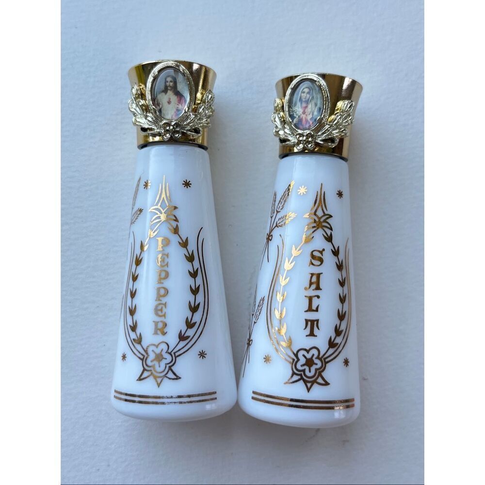 VTG Milk Glass Salt Pepper Shakers Religious Jesus Mary Gold Foil Set